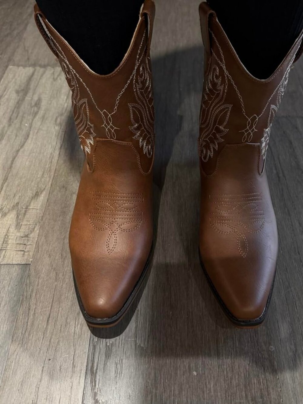 Women's Brown Embroidered Mid Calf Chunky Heel Western Cowgirl Ankle Boots